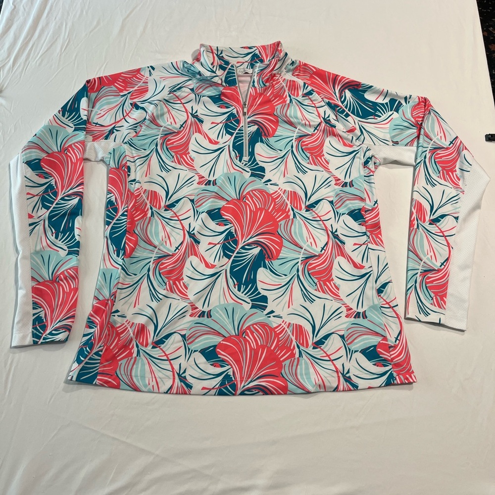 Lady Hagen Coral and Teal Zip-Up Top Golf floral activewear long sleeve Large